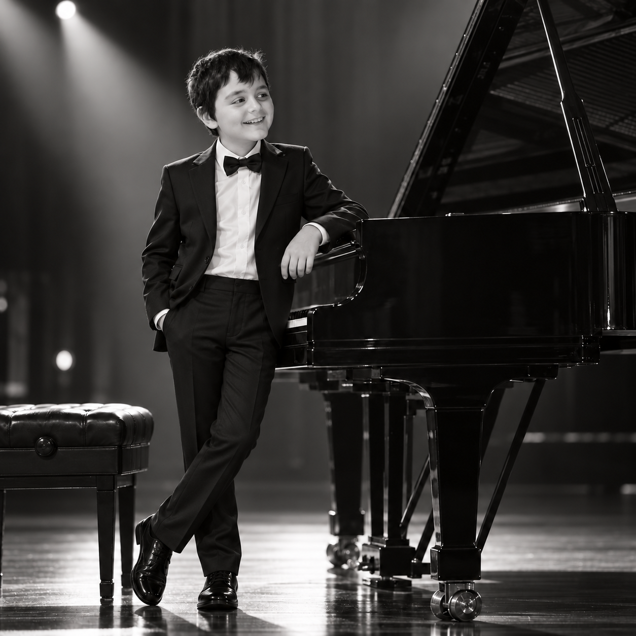 A person wearing a black t-shirt with a graphic design and website URL is playing a white grand piano. The piano is set outdoors with a backdrop of glass windows displaying mannequins dressed in various outfits. There is a large wooden door in the background.